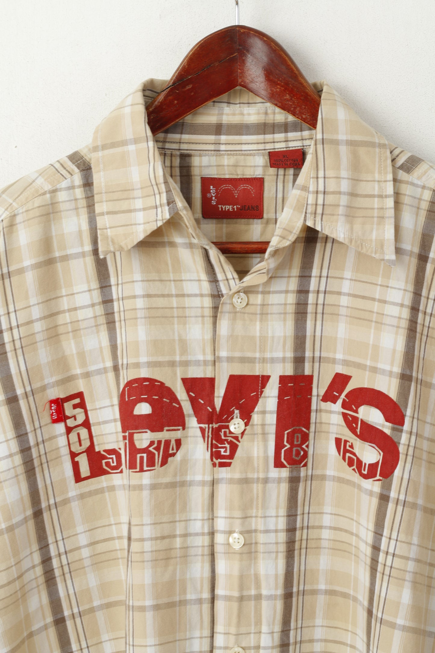 Levi's Type 1 Men XL Casual Shirt Brown Check Cotton Short Sleeve Logo Top
