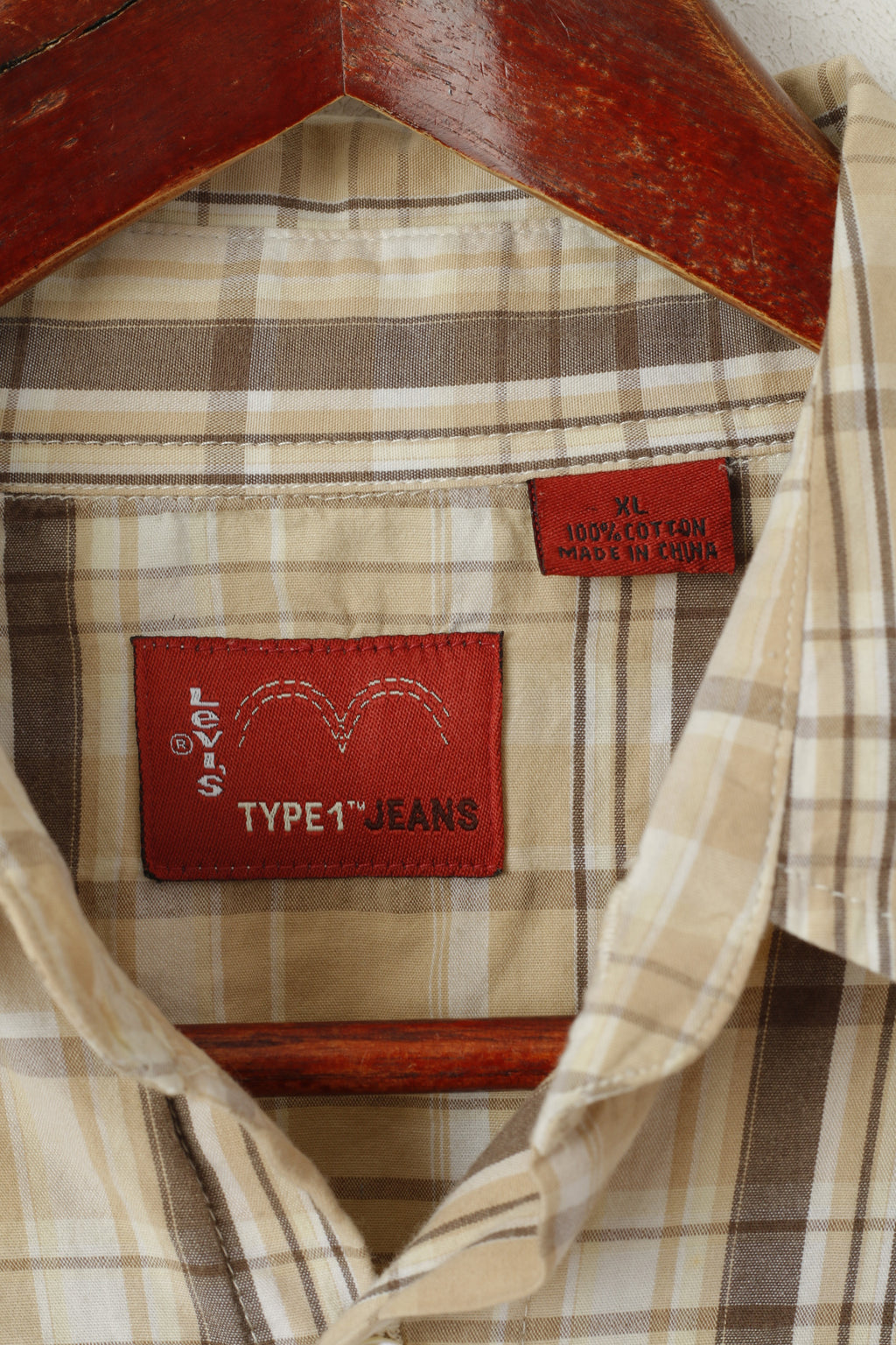 Levi's Type 1 Men XL Casual Shirt Brown Check Cotton Short Sleeve Logo Top