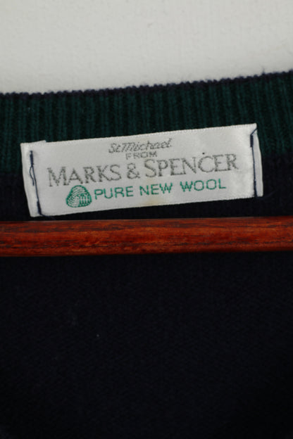 Marks & Spencer Men XL Jumper Navy Pure New Wool V Neck Classic Sweater