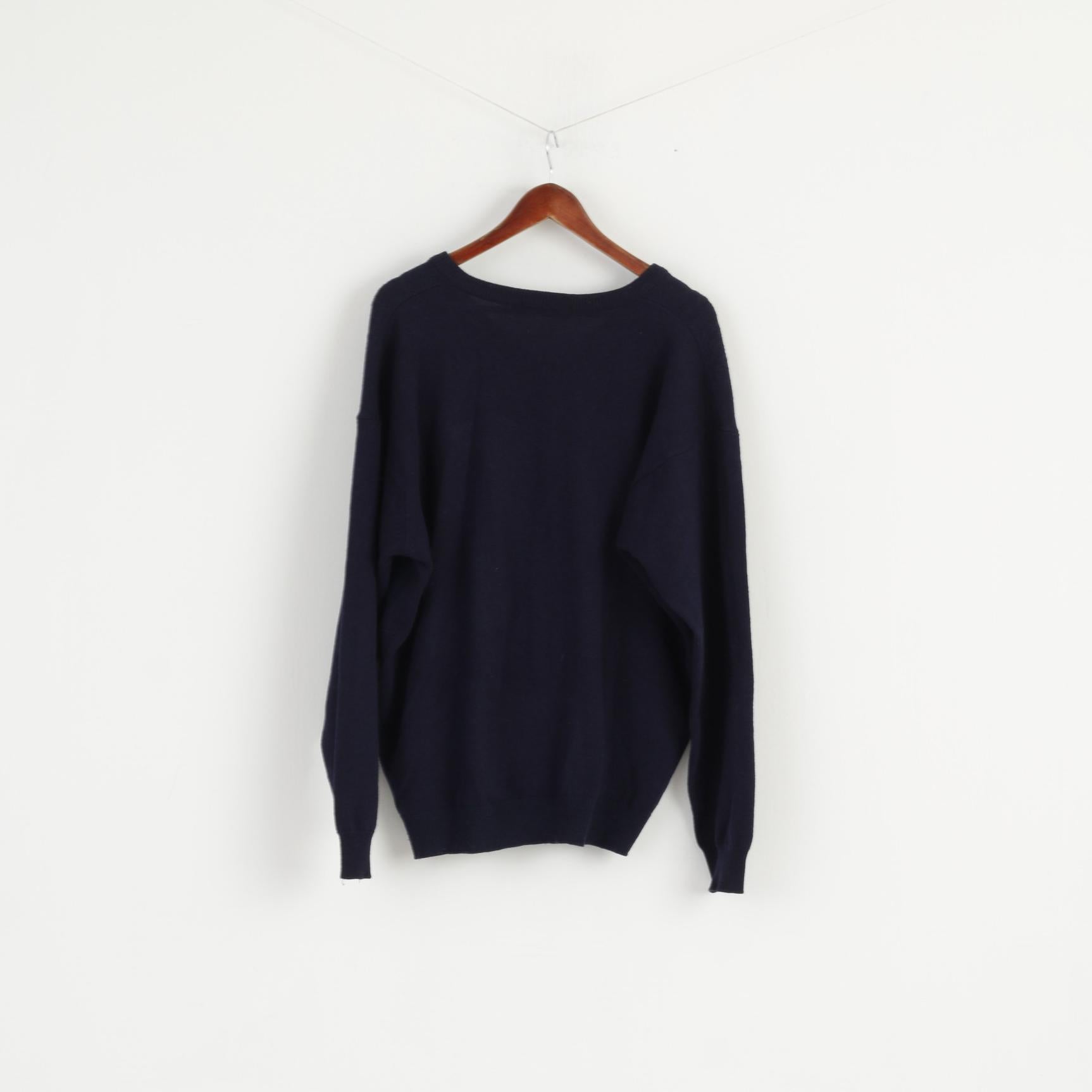 Marks & Spencer Men XL Jumper Navy Pure New Wool V Neck Classic Sweater