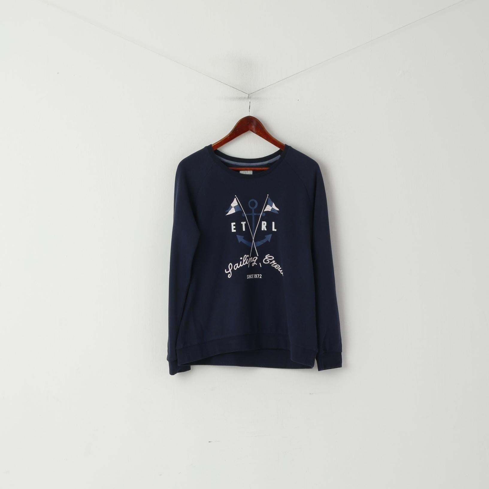 Felpa Etirel da donna M. Top girocollo morbido con grafica Sailin in cotone blu scuro