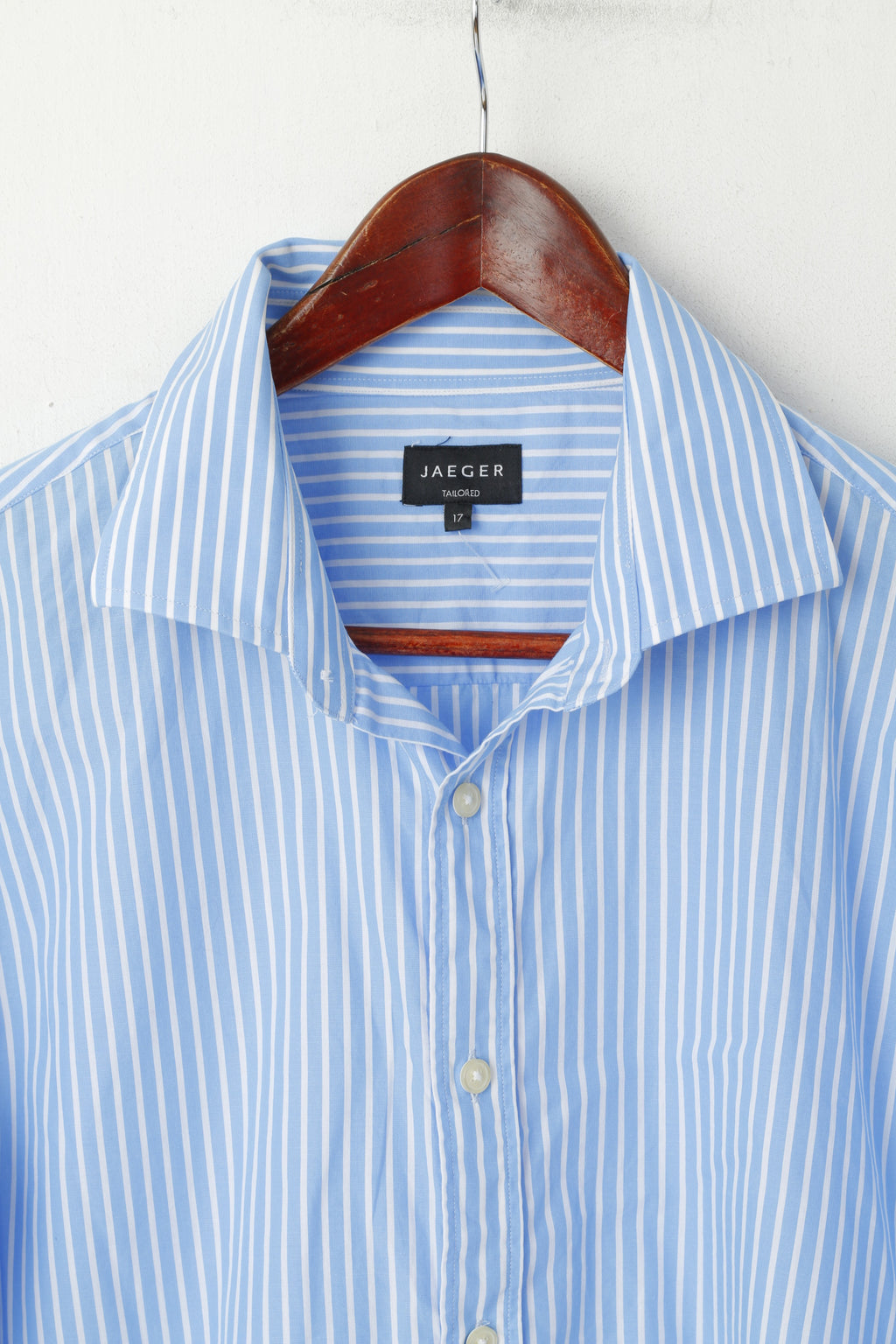 Jaeger Men 17 XL Casual Shirt Blue Cotton Striped Tailored Long Sleeve Top