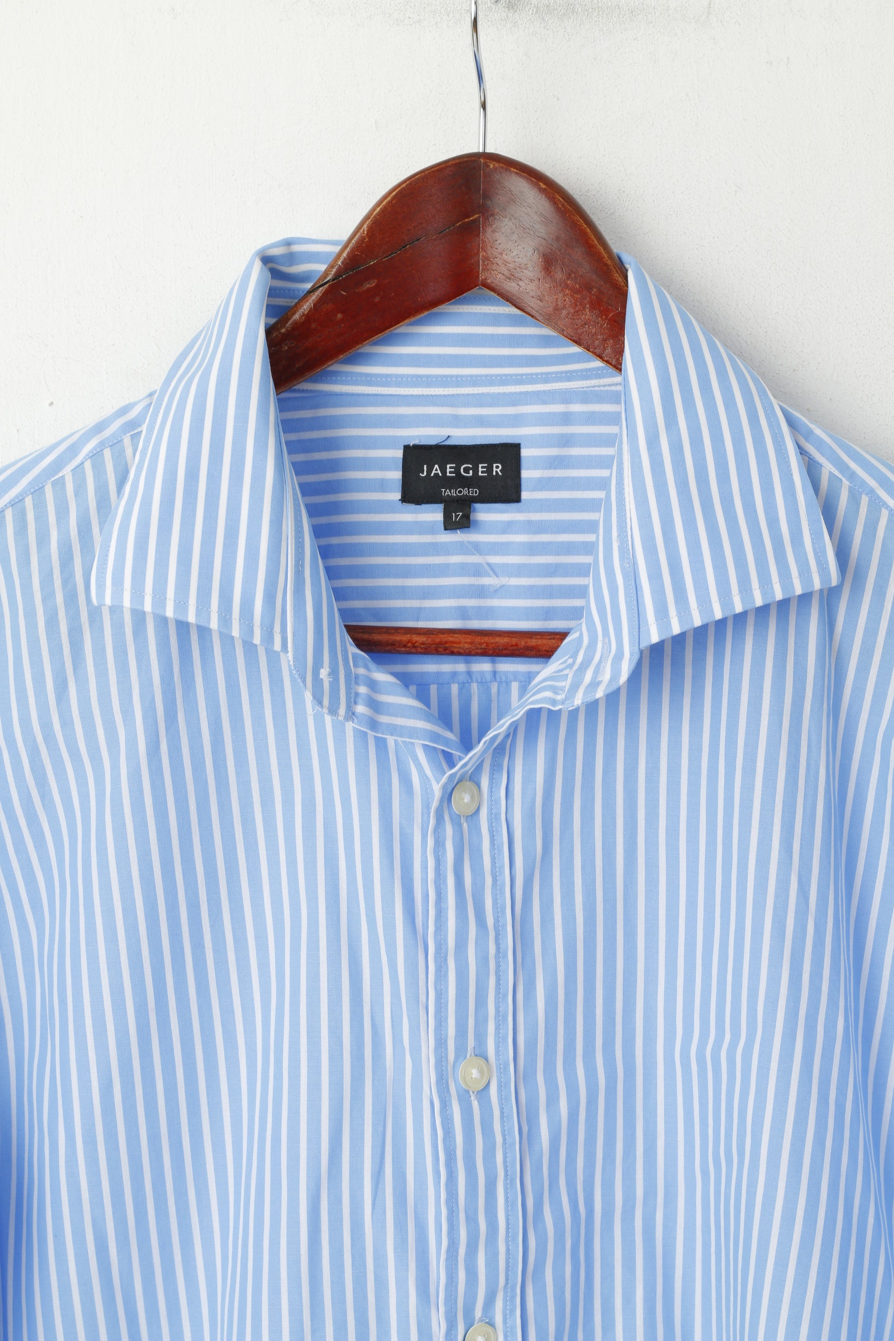 Jaeger Men 17 XL Casual Shirt Blue Cotton Striped Tailored Long Sleeve Top