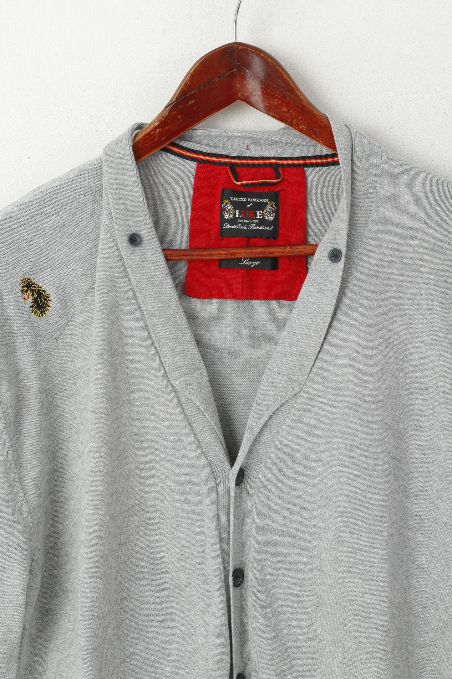 United Kingdom Of Luke Men L Button Front Cardigan Gray Cotton Classic Sweater