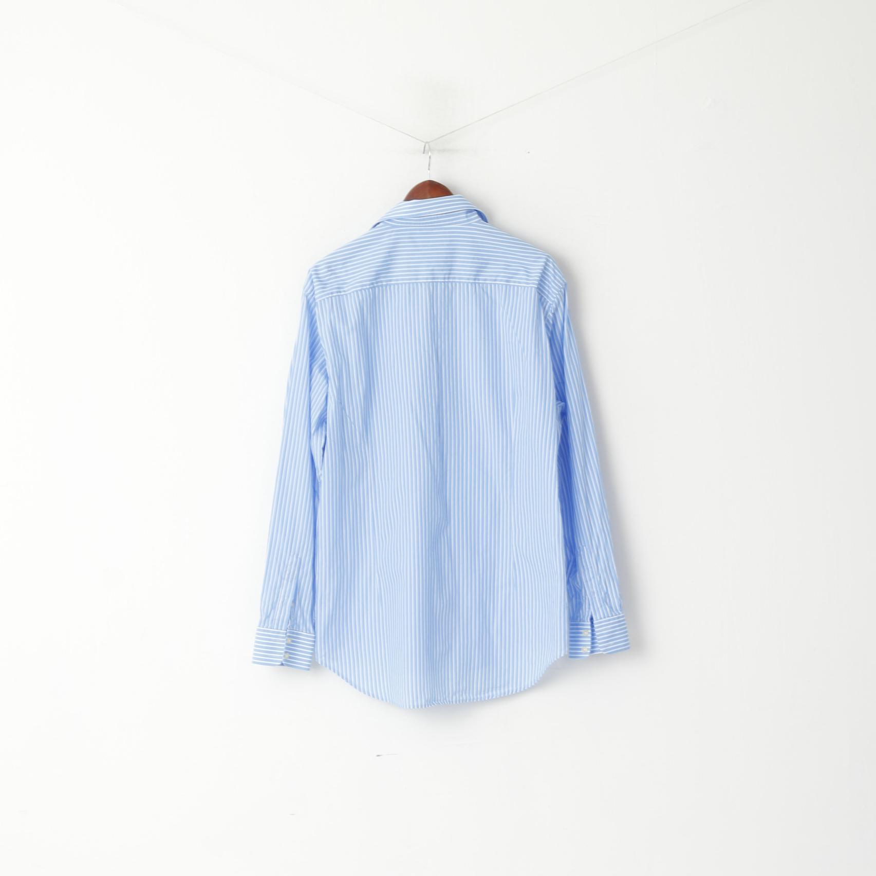 Jaeger Men 17 XL Casual Shirt Blue Cotton Striped Tailored Long Sleeve Top