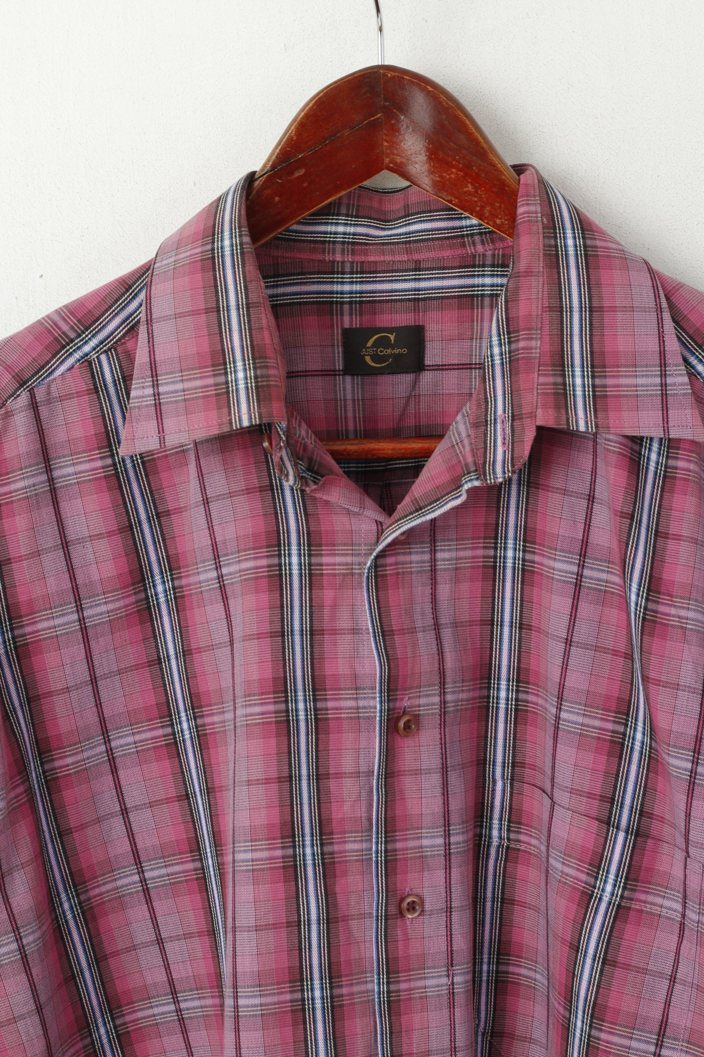 Just Calvino Men XL Casual Shirt Pink Check Cotton Long Sleeve Pocket Top