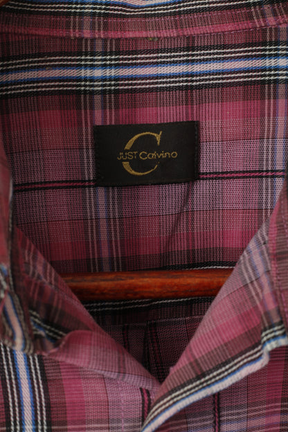 Just Calvino Camicia casual da uomo XL Top con taschino a maniche lunghe in cotone a quadri rosa