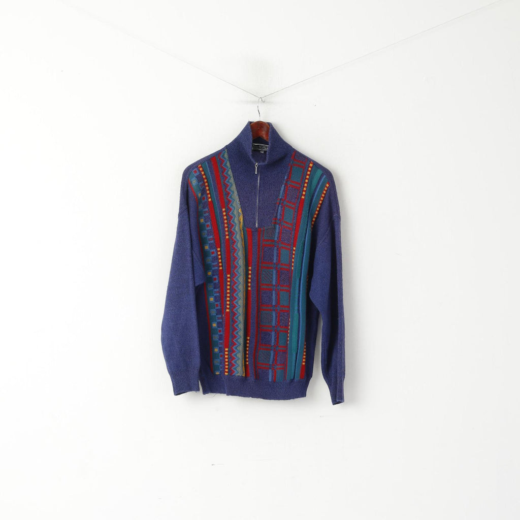 Engbers Homme 52 L Pull Bleu Vintage Géométrique Laine Italie Col Zippé Pull
