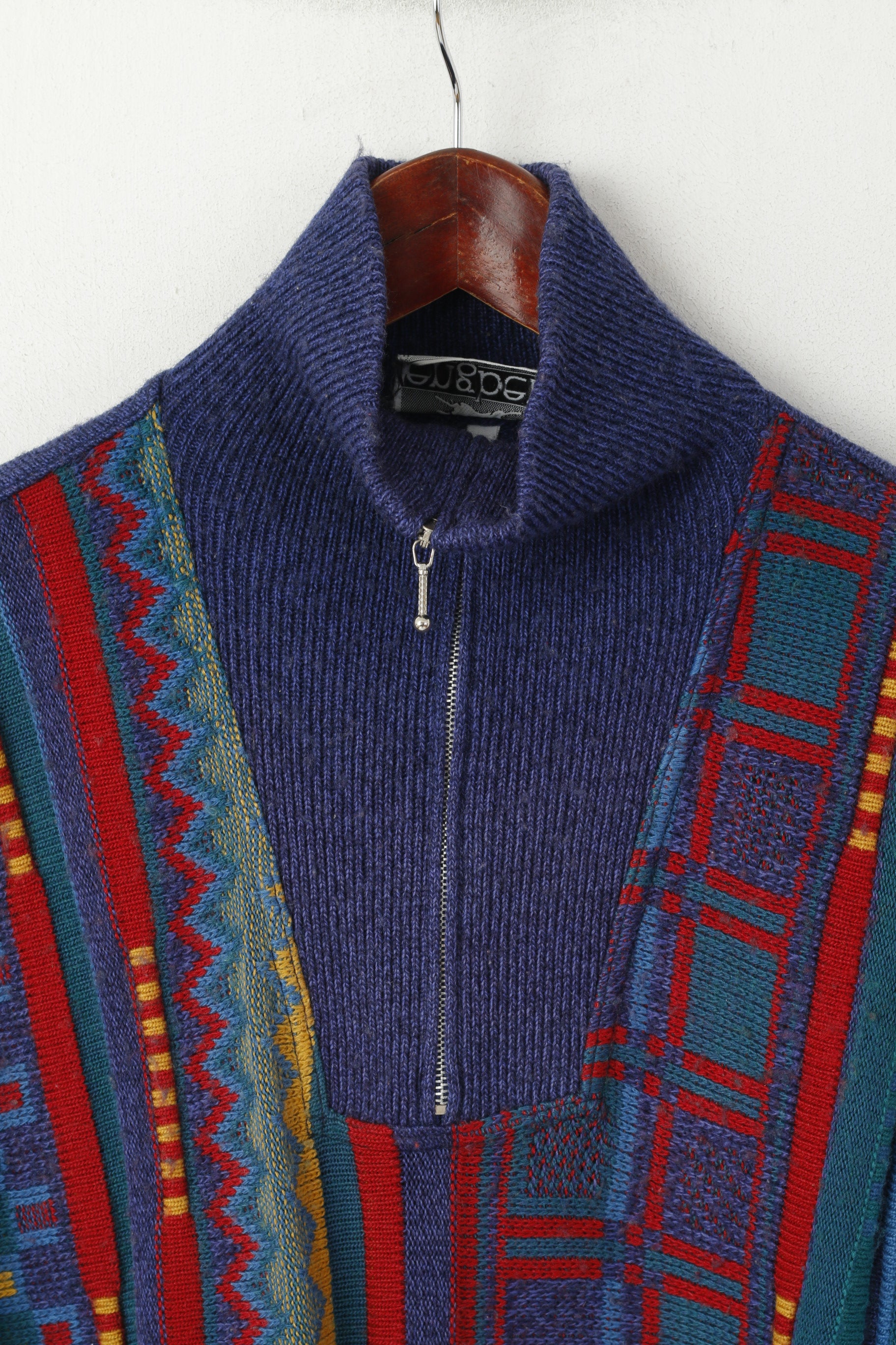 Engbers Homme 52 L Pull Bleu Vintage Géométrique Laine Italie Col Zippé Pull
