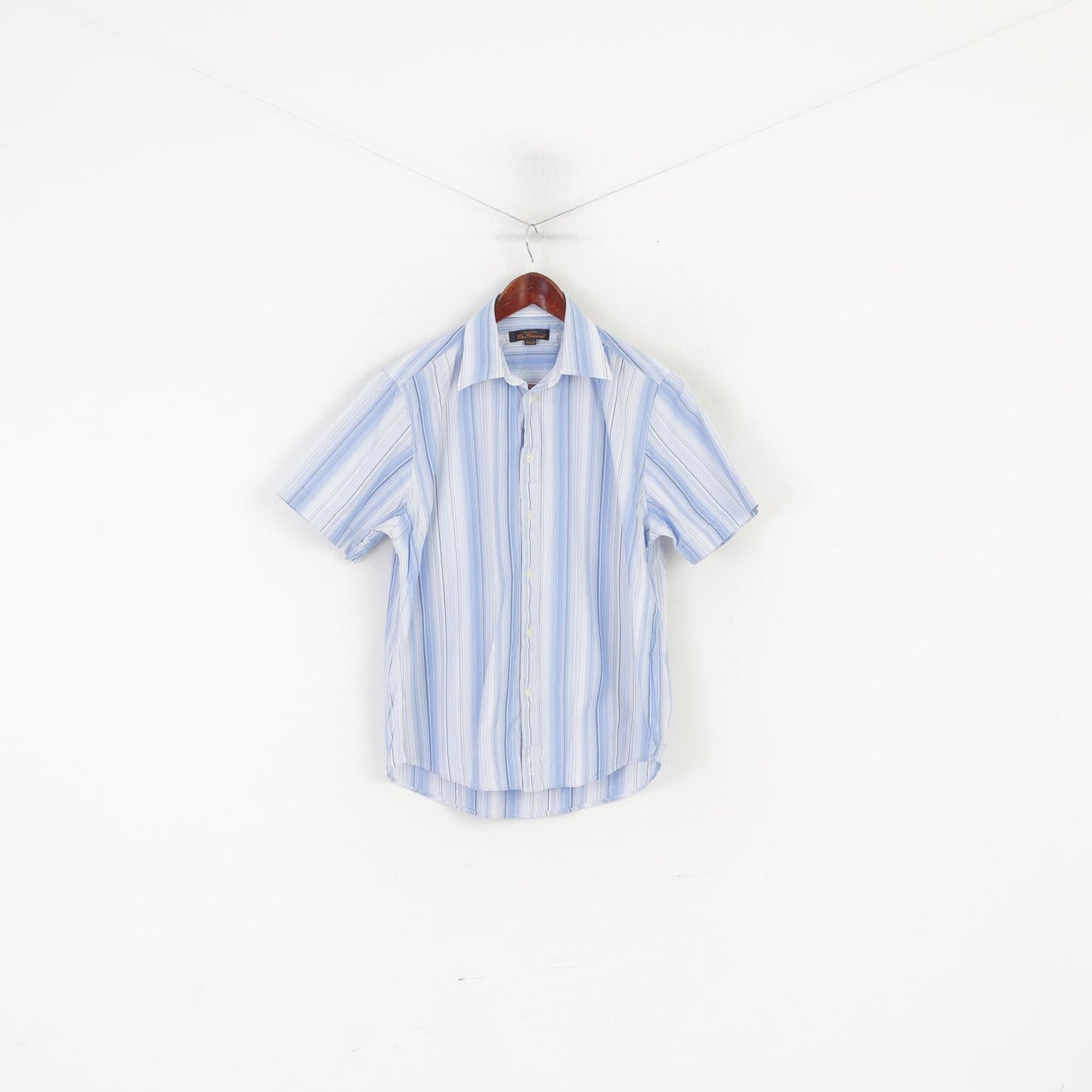 Ben Sherman Men M Casual Shirt Blue Cotton Striped Short Sleeve Top