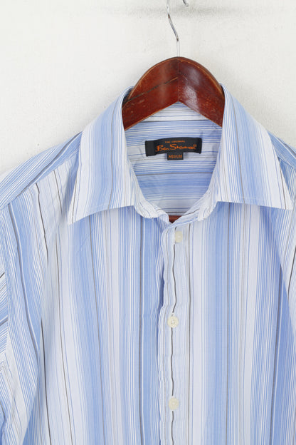 Ben Sherman Men M Casual Shirt Blue Cotton Striped Short Sleeve Top