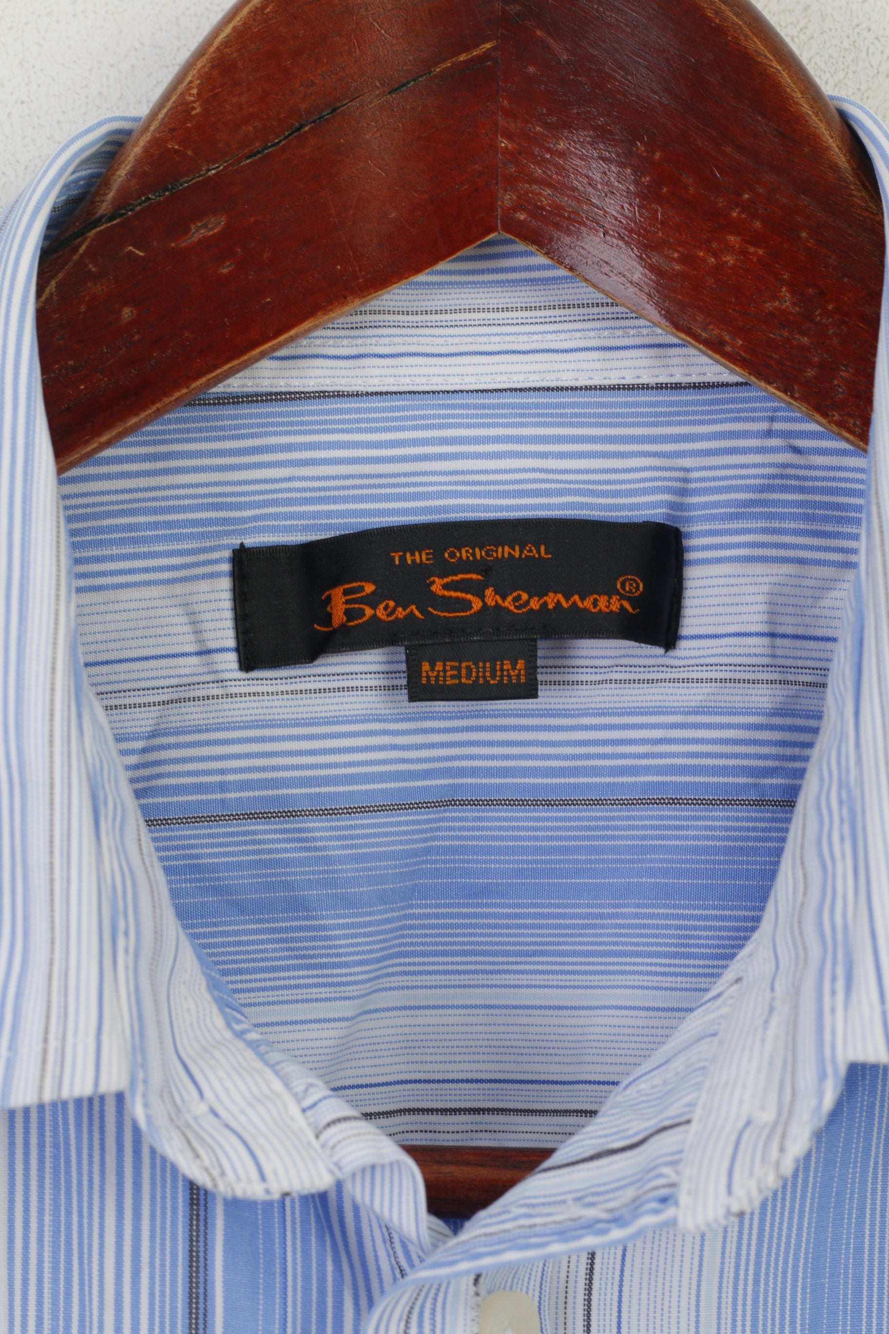 Ben Sherman Men M Casual Shirt Blue Cotton Striped Short Sleeve Top