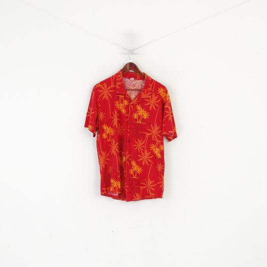 Calida Men L Casual Shirt Red Cotton Soft Palms Print Hawaii Short Sleeve Top