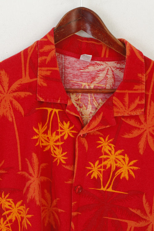 Calida Men L Chemise décontractée Rouge Coton Doux Palmiers Imprimé Hawaï Haut à Manches Courtes