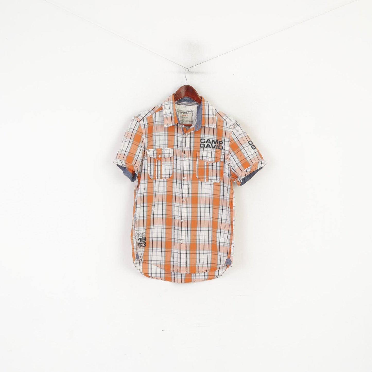 Camp David Men S Casual Shirt Orange Check Cotton Outdoor Wear Pockets Top