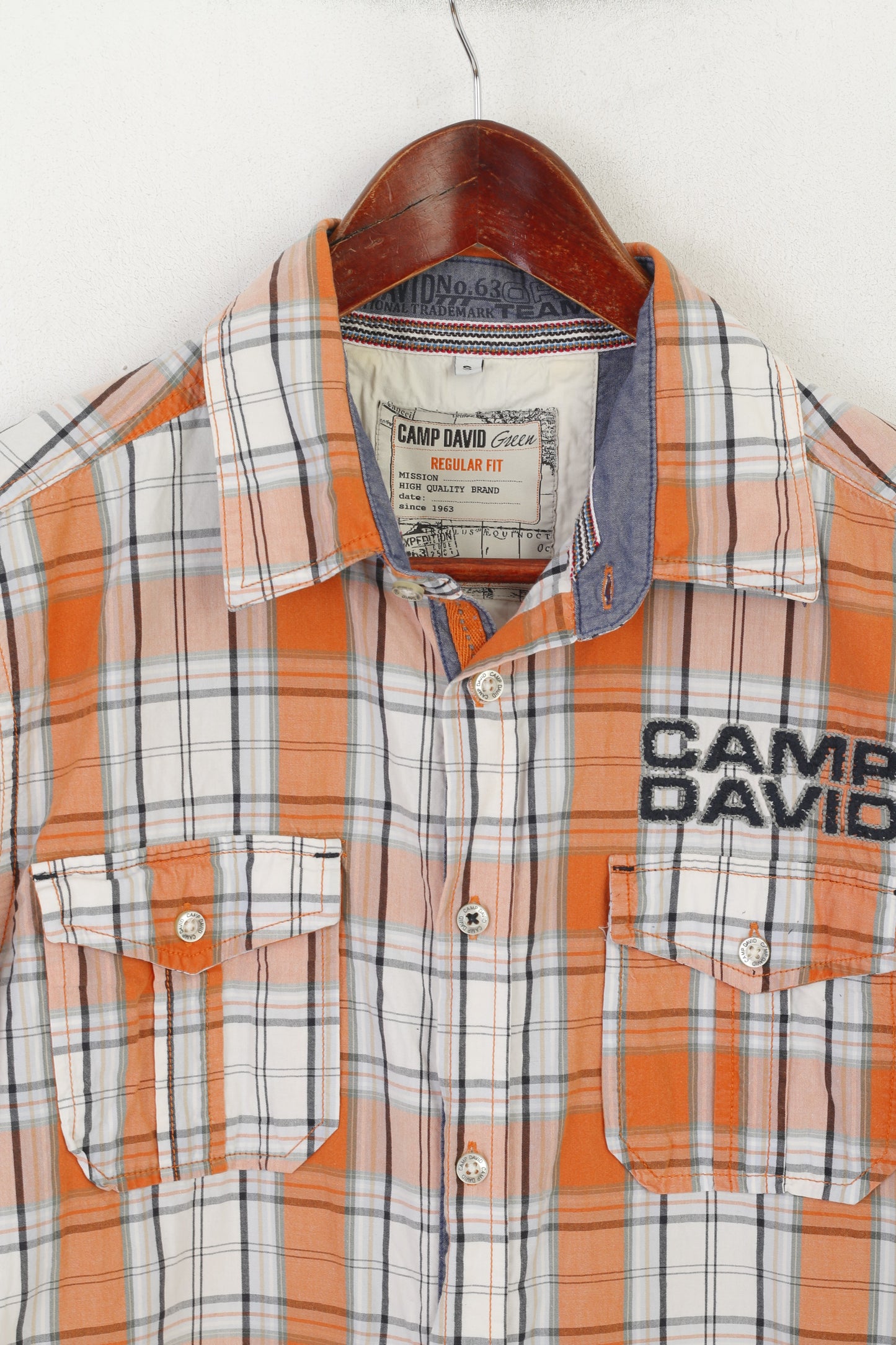 Camp David Men S Casual Shirt Orange Check Cotton Outdoor Wear Pockets Top