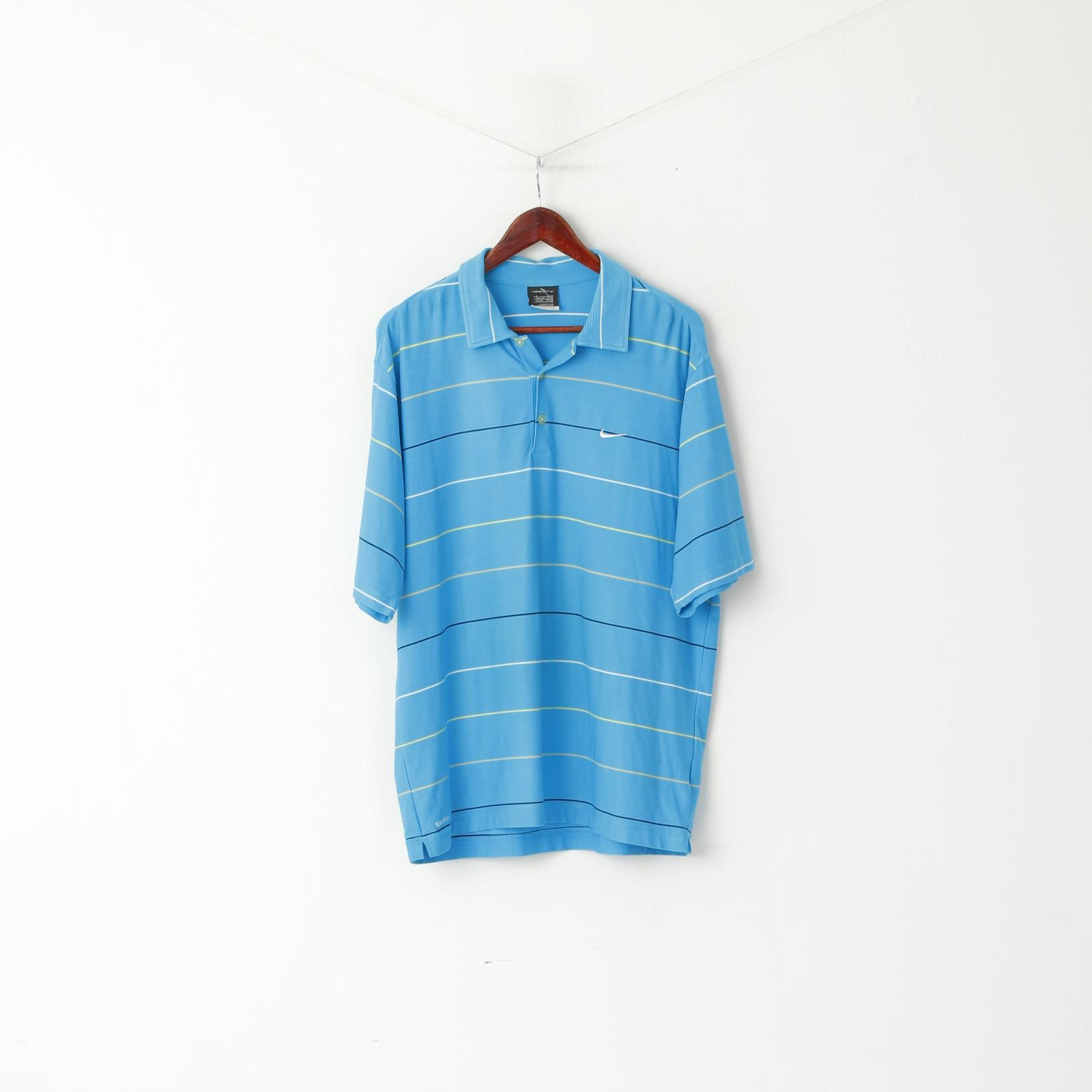 Nike Golf Men L Polo Shirt Turquoise Striped Sport Stretch Activewear Top