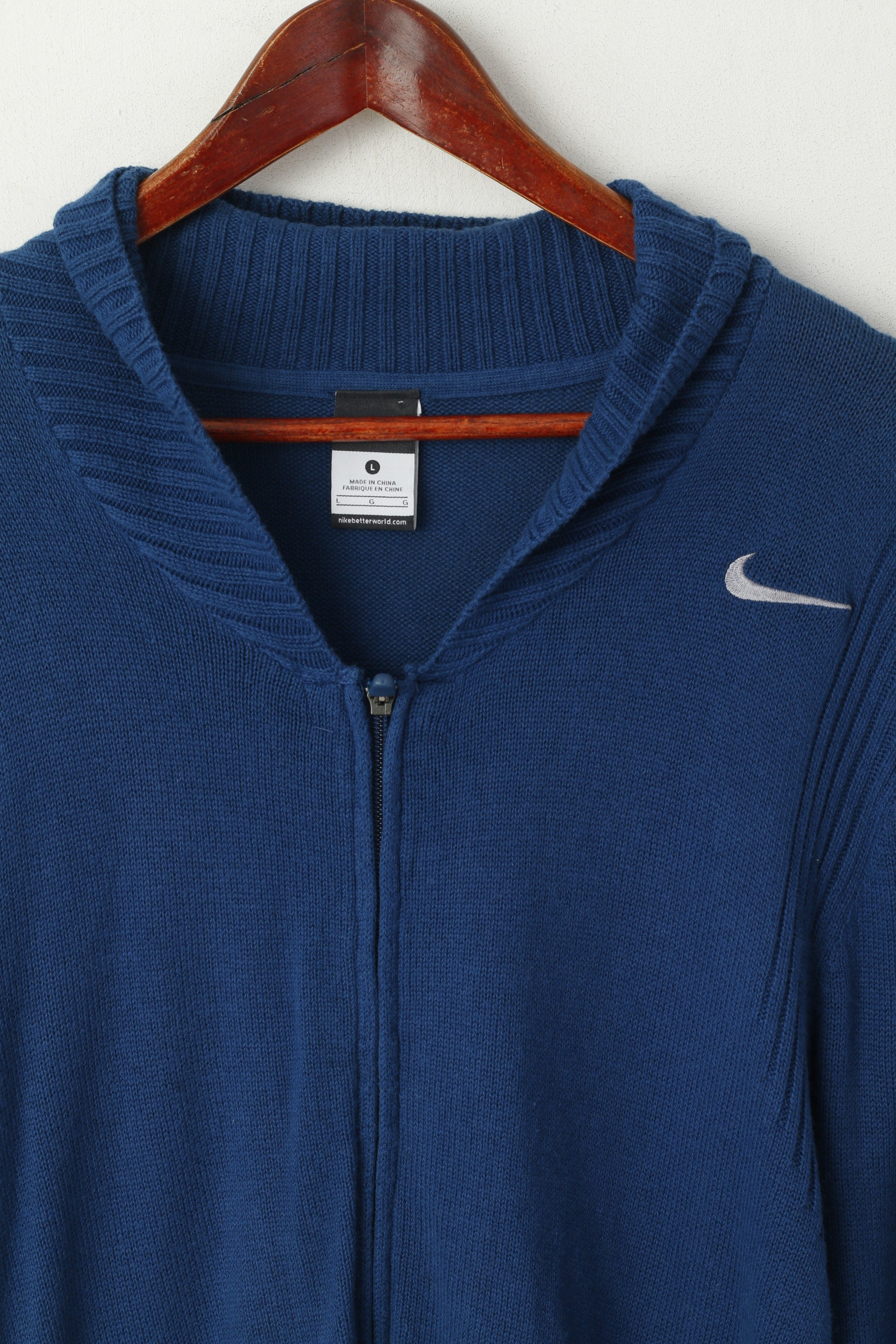 Nike Men L Sweater Navy Long Stretch Cotton Wool Blend Zip Up Cardigan