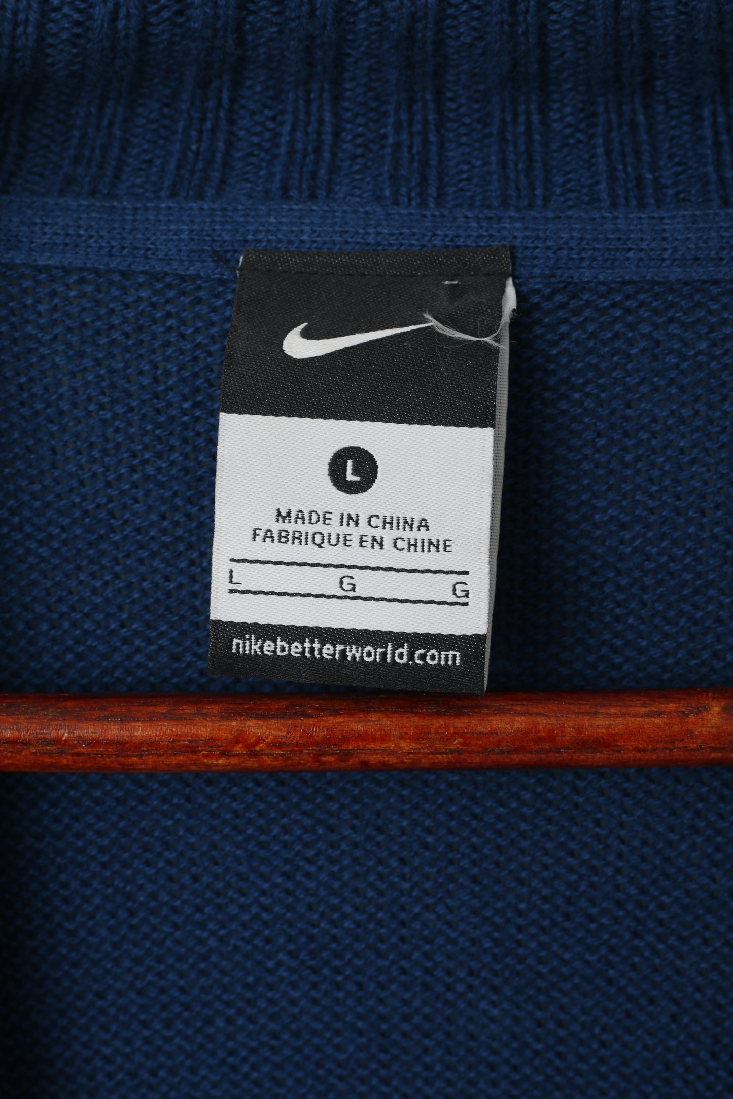 Nike Men L Sweater Navy Long Stretch Cotton Wool Blend Zip Up Cardigan