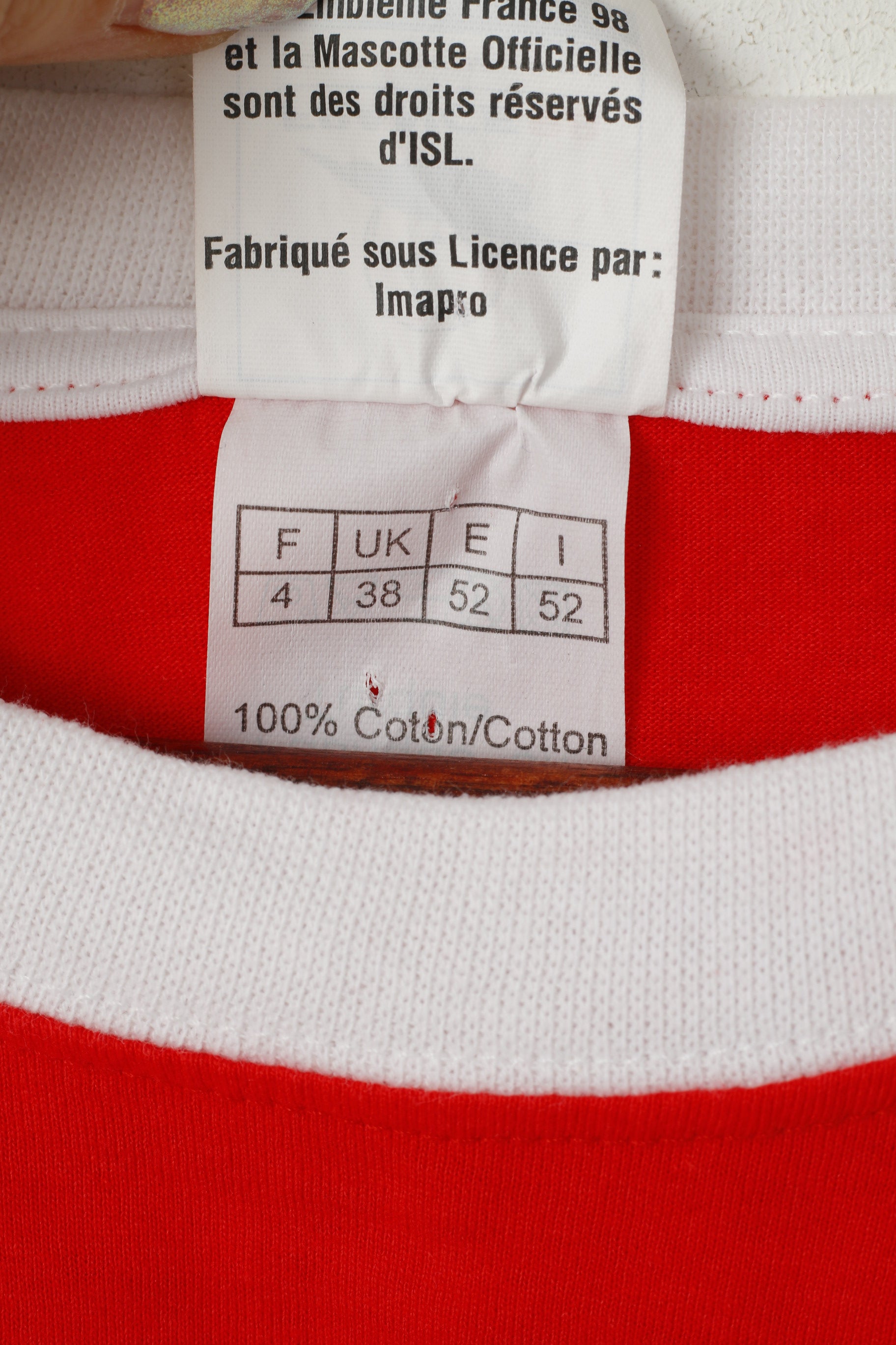 France 98 Men 52 M Shirt Red Cotton Football Coupe Du Monde Retro Top