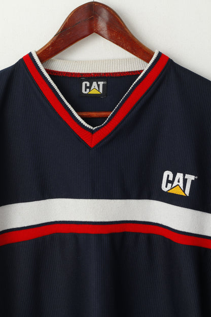CAT Men M Shirt Navy Shiny Retro Long Sleeve V Neck Workwear Top