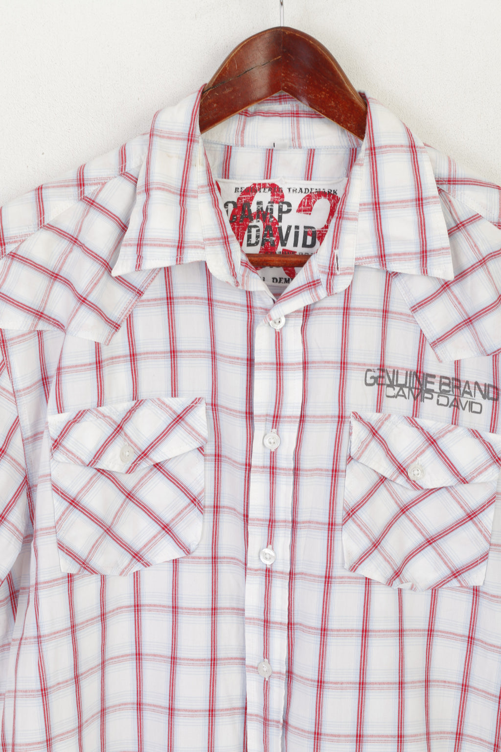 Camp David Men L (M) Casual Shirt Blue Check Vintage Cotton Short SleeveTop