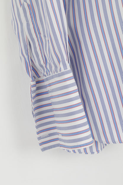 Cunningham Shirtmakers Men 15.5 39 M Casual Shirt White Blue Striped Cotton Top