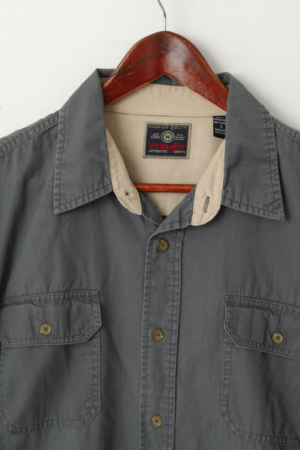 Wrangler Men L Casual Shirt Grey Cotton Sportswear Short Sleeve Retro Top