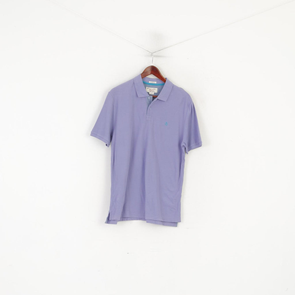 Original Penguin Men L Polo Shirt Purple Plain Cotton Classic Fit Short Sleeve Top