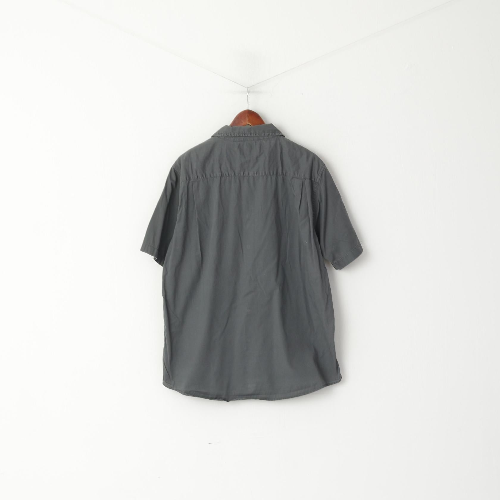 Wrangler Men L Casual Shirt Grey Cotton Sportswear Short Sleeve Retro Top