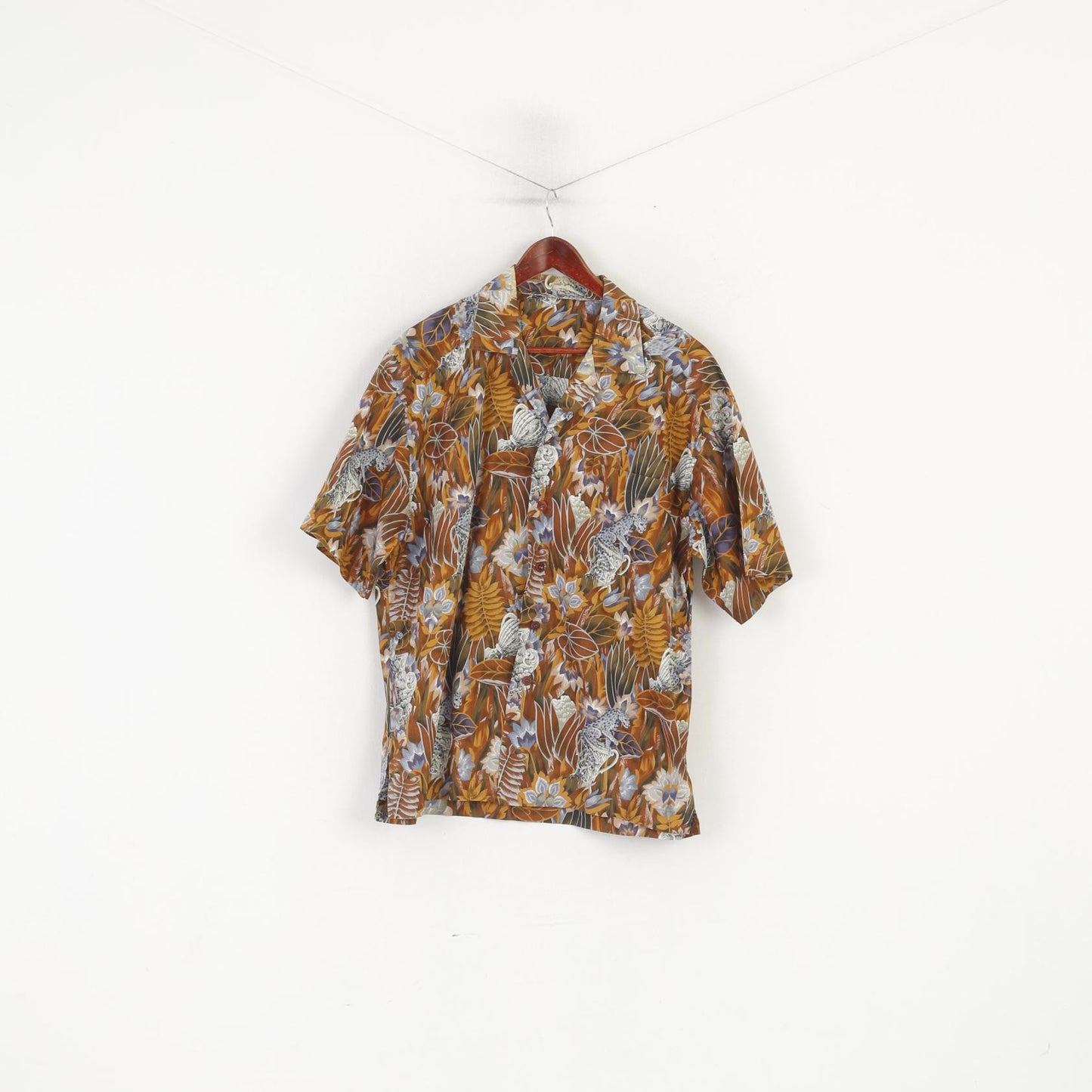 Vintage Men XXL Casual Shirt Brown Cotton Floral Short Sleeve Summer Top