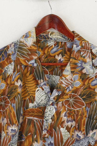 Vintage Men XXL Casual Shirt Brown Cotton Floral Short Sleeve Summer Top