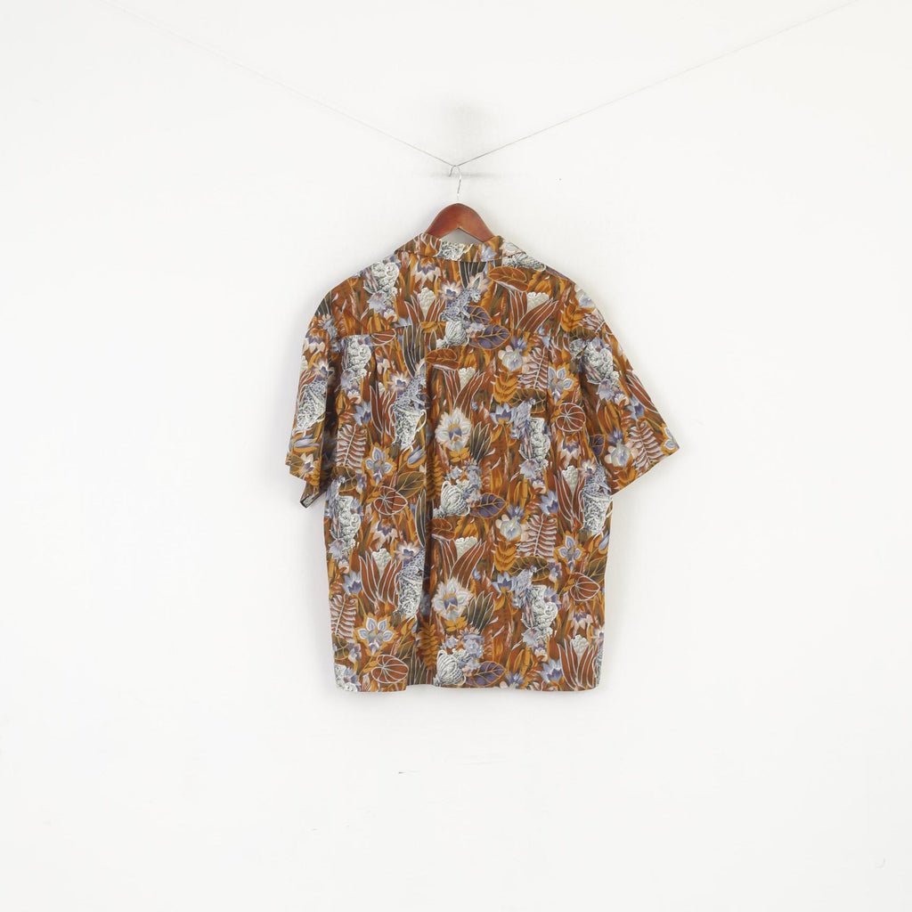 Vintage Men XXL Casual Shirt Brown Cotton Floral Short Sleeve Summer Top