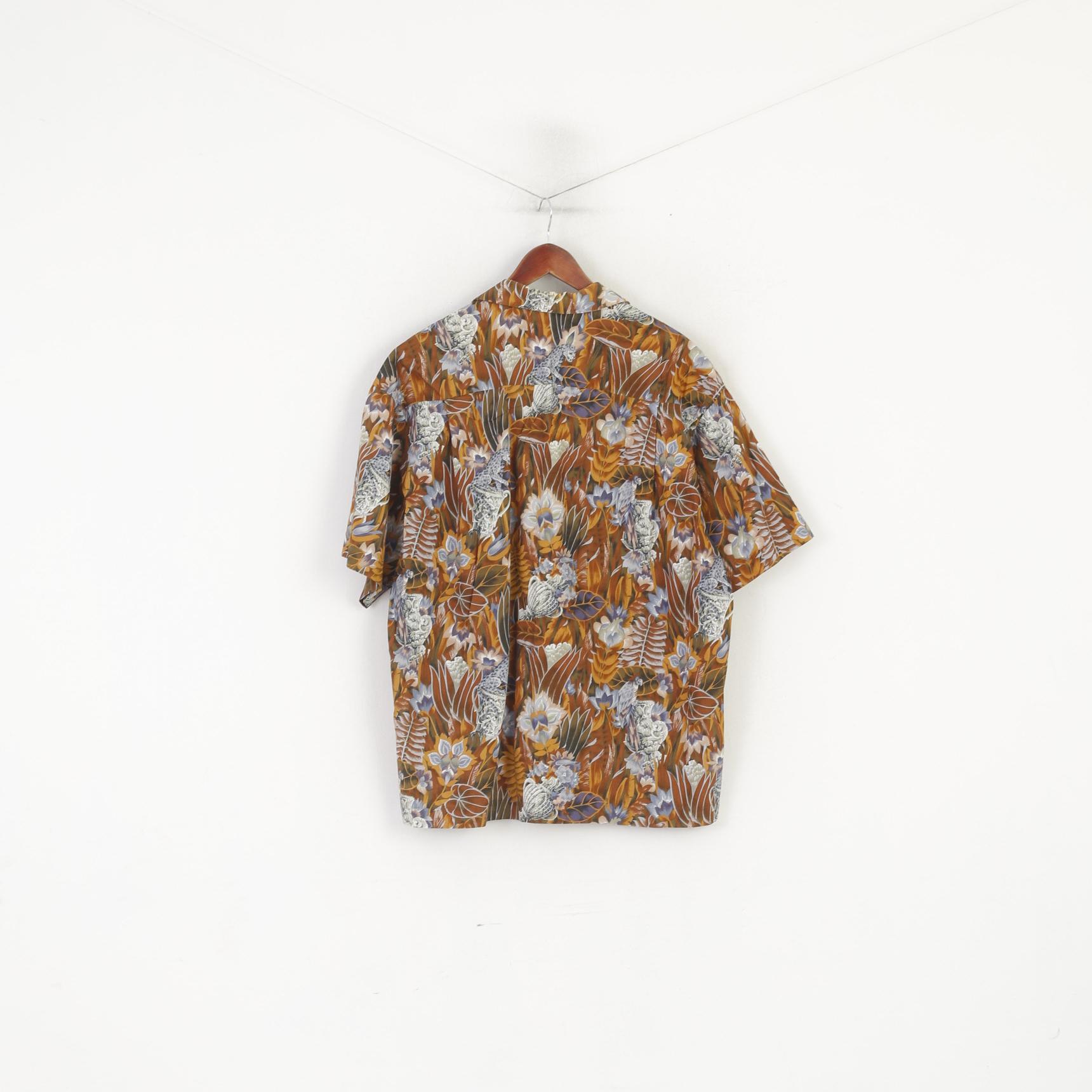 Vintage Men XXL Casual Shirt Brown Cotton Floral Short Sleeve Summer Top