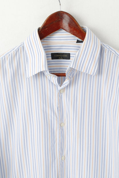 Corneliani Men 17 43 L Casual Shirt Blue Striped Cotton Made in Italy Long Sleeve Top