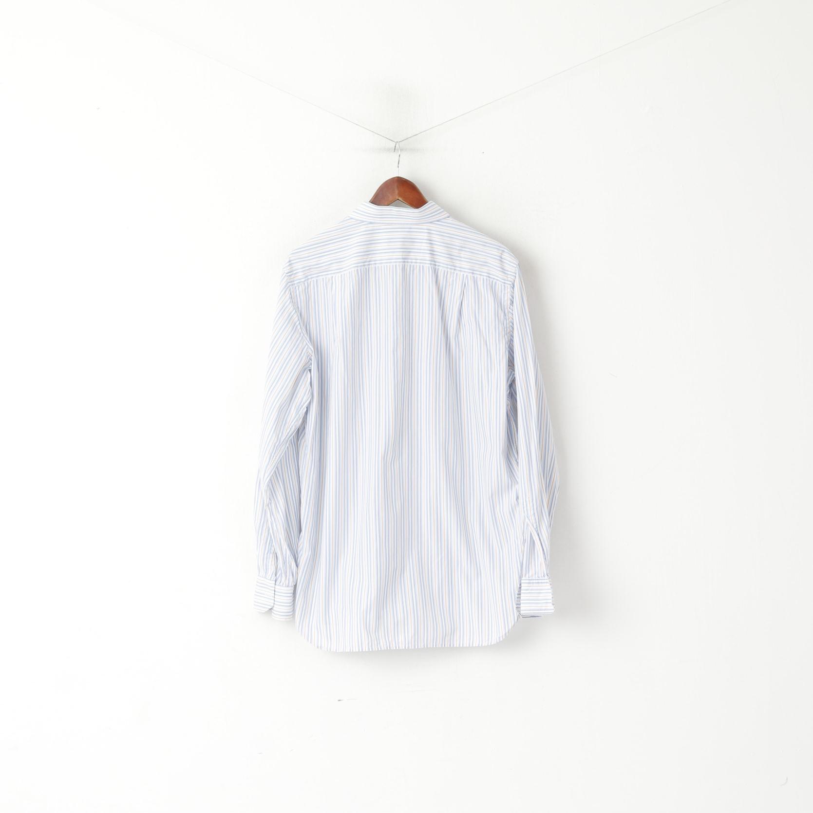 Corneliani Men 17 43 L Casual Shirt Blue Striped Cotton Made in Italy Long Sleeve Top