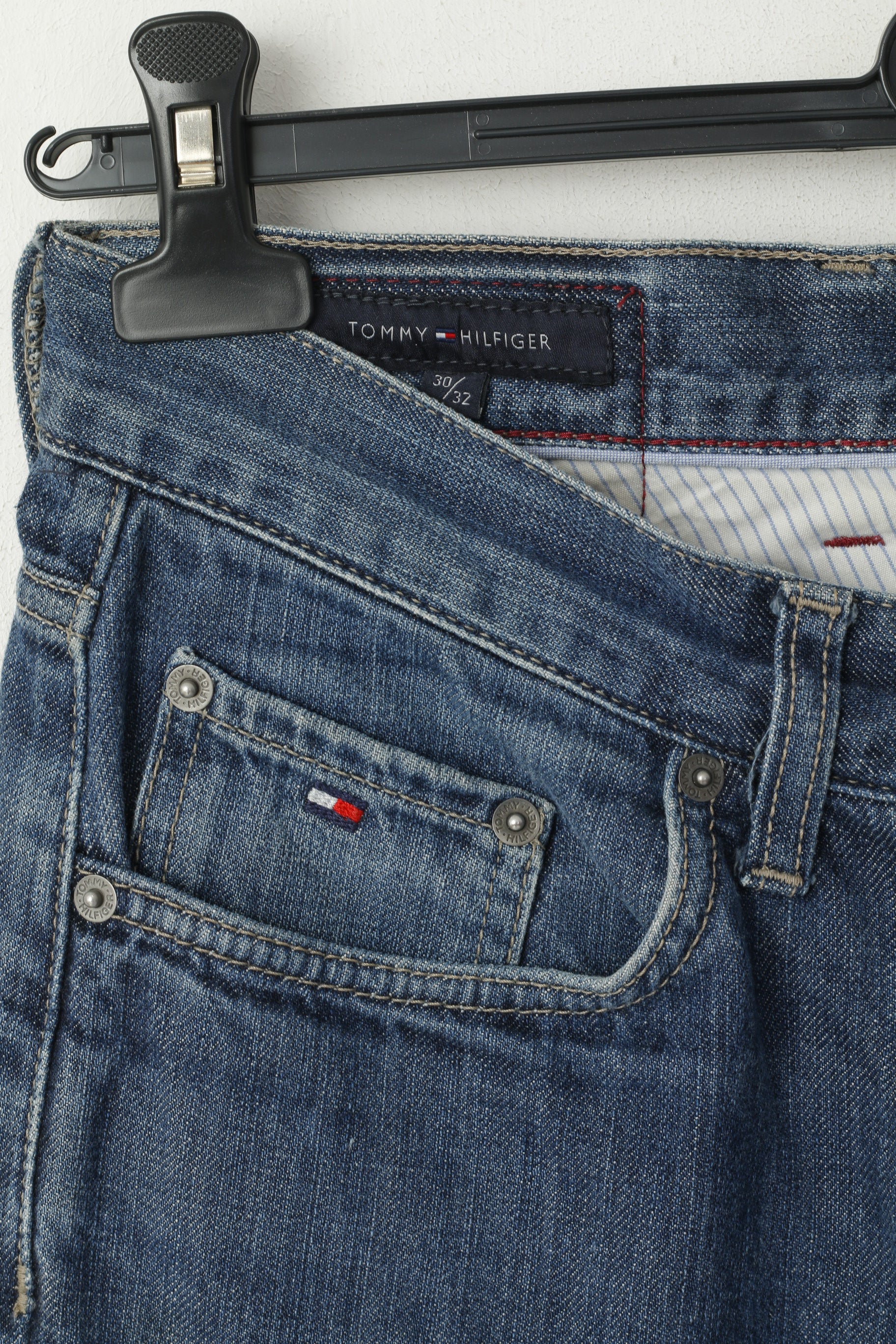 Tommy Hilfiger Uomo 30 Jeans Pantaloni Cotone Blu Denim Pantaloni dritti dritti