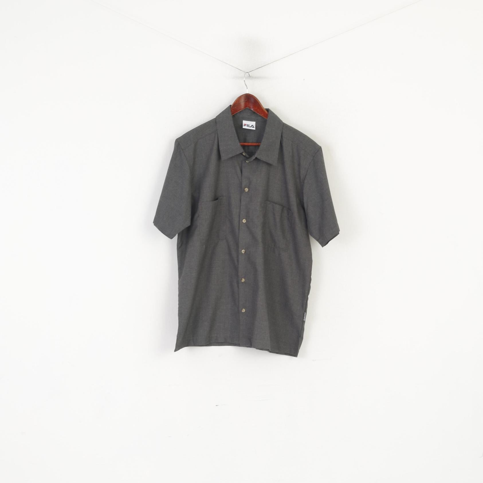 Fila Men L Casual Shirt Gray Sportswear Short Sleeve Pockets Plain Top
