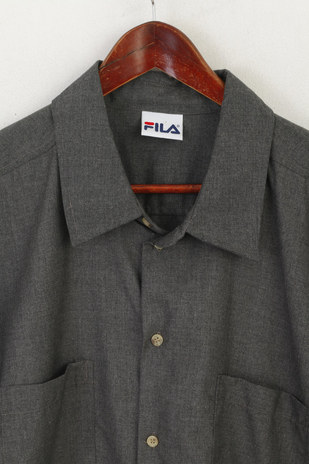 Fila Men L Casual Shirt Gray Sportswear Short Sleeve Pockets Plain Top