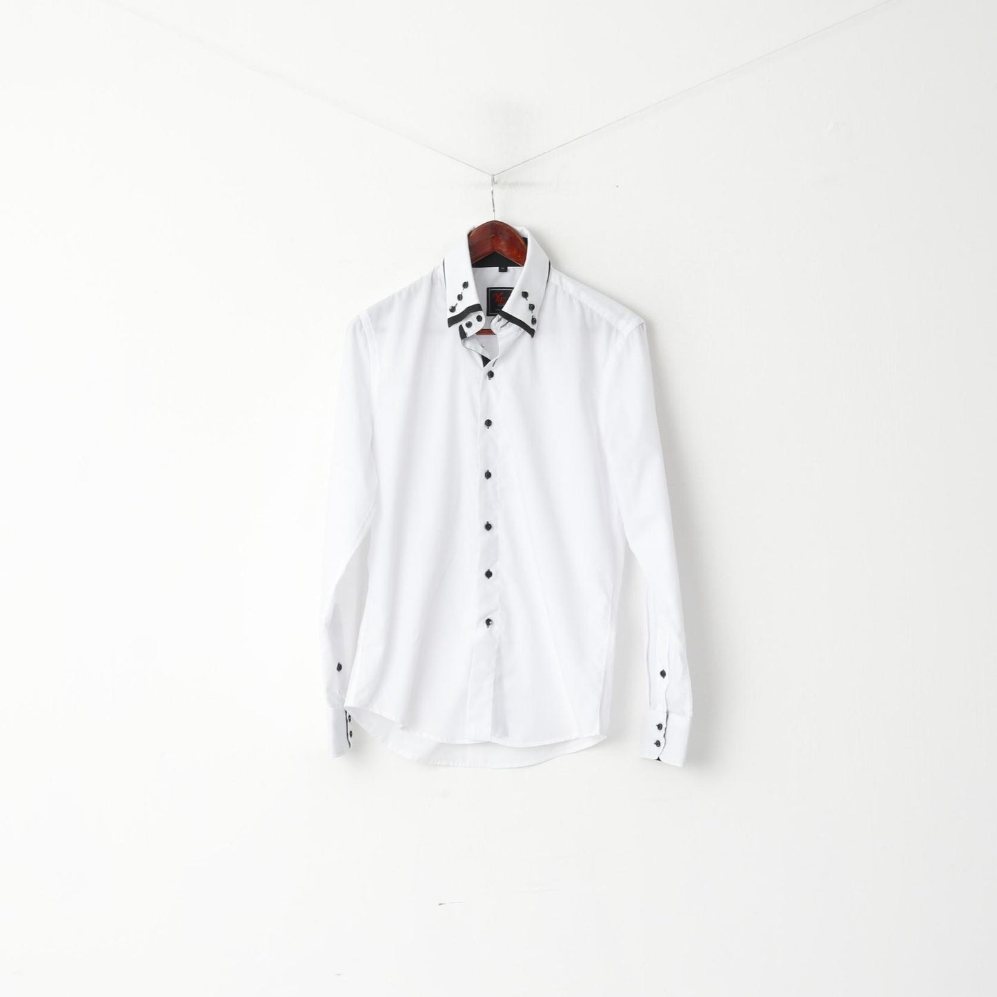 Yves Enzo Men M Casual Shirt White Cotton Slim Fit Black Buttons Long Sleeve Top