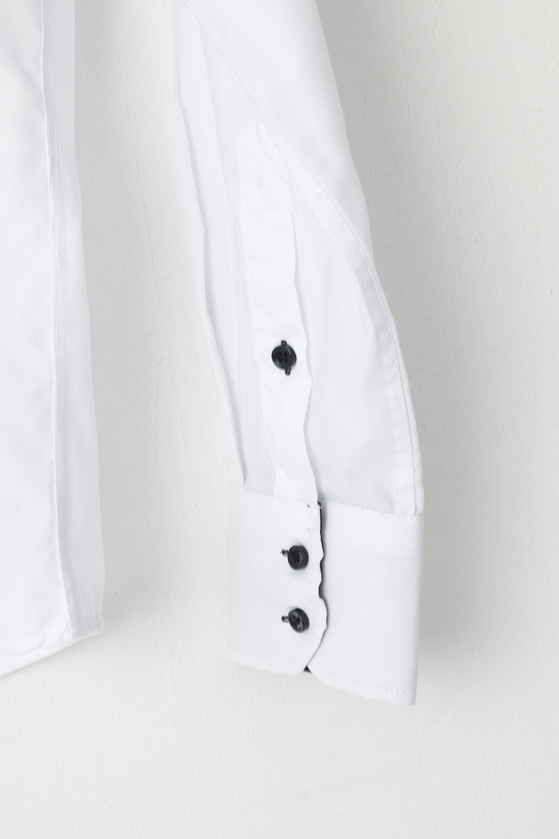 Yves Enzo Men M Casual Shirt White Cotton Slim Fit Black Buttons Long Sleeve Top