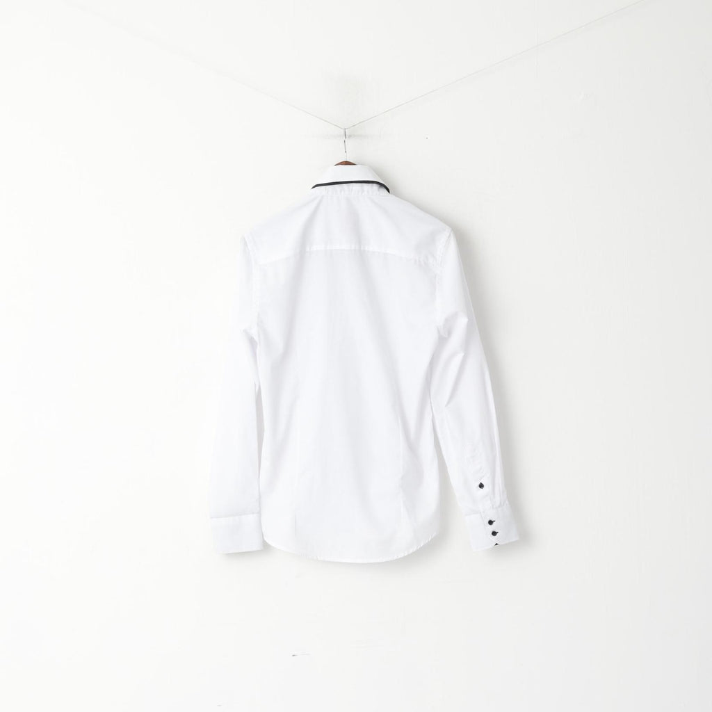 Yves Enzo Men M Casual Shirt White Cotton Slim Fit Black Buttons Long Sleeve Top