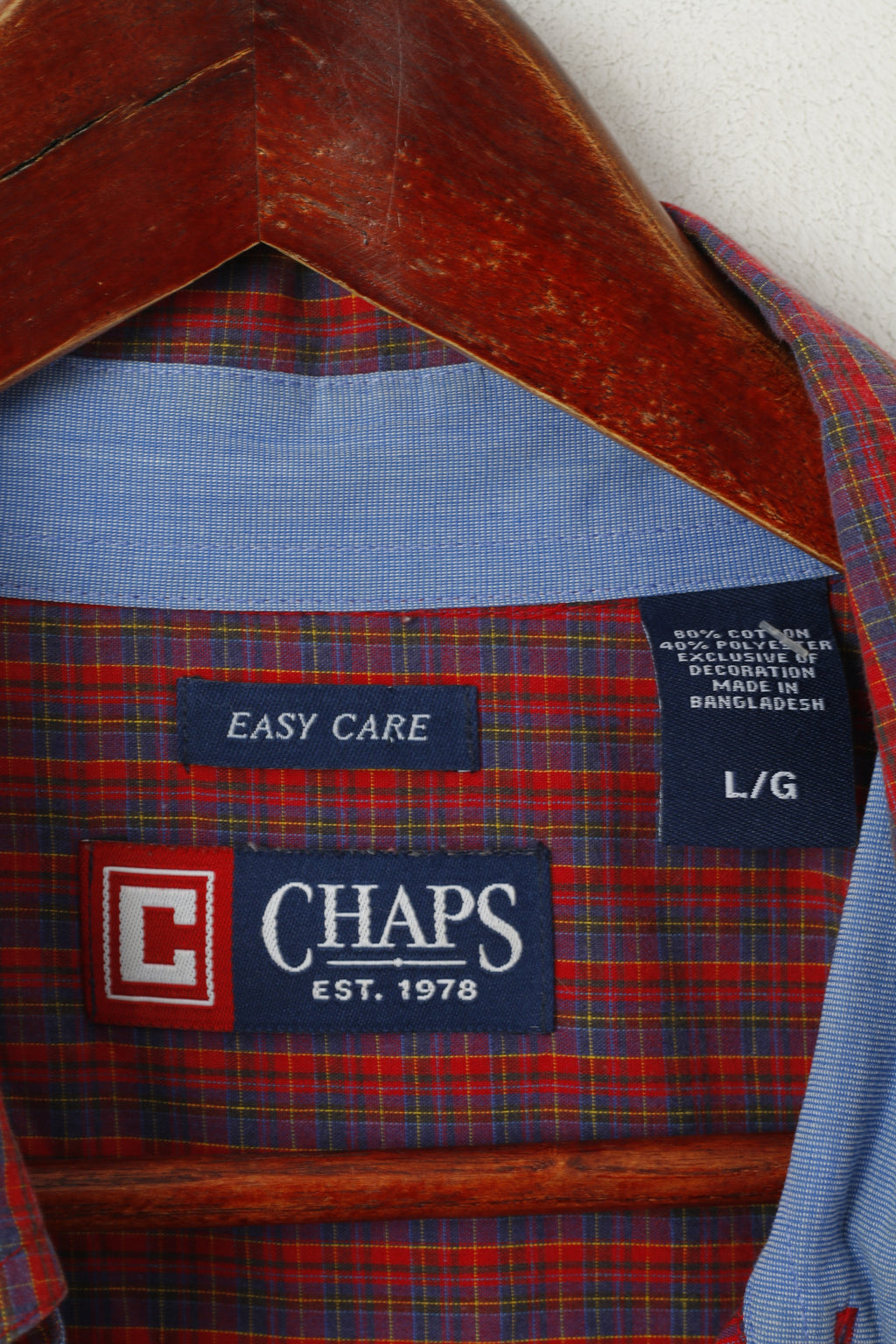 Chaps Men L Casual Shirt Red Cotton Check Button Down Collar  Easy Care Top