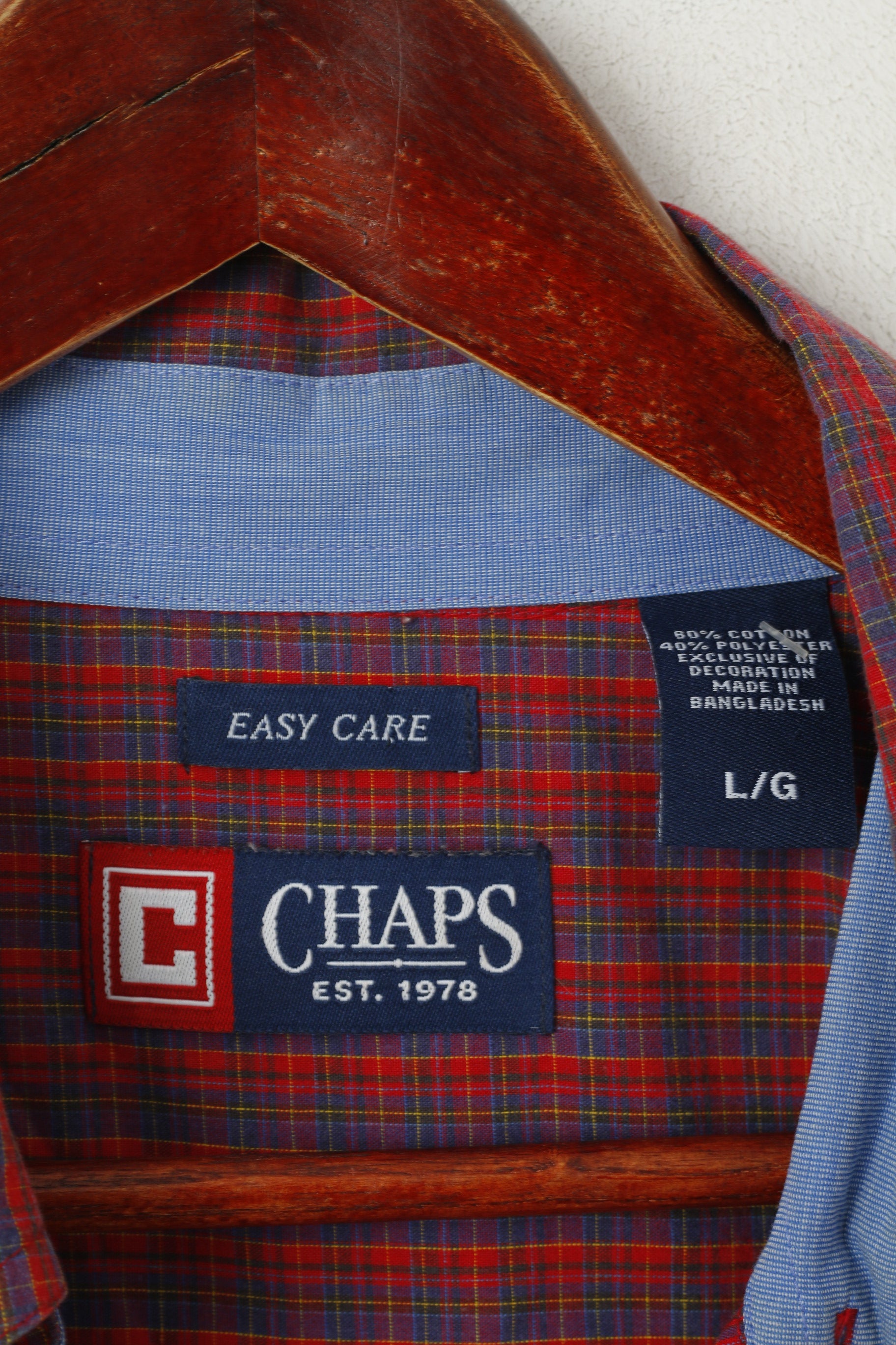 Chaps Men L Casual Shirt Red Cotton Check Button Down Collar  Easy Care Top