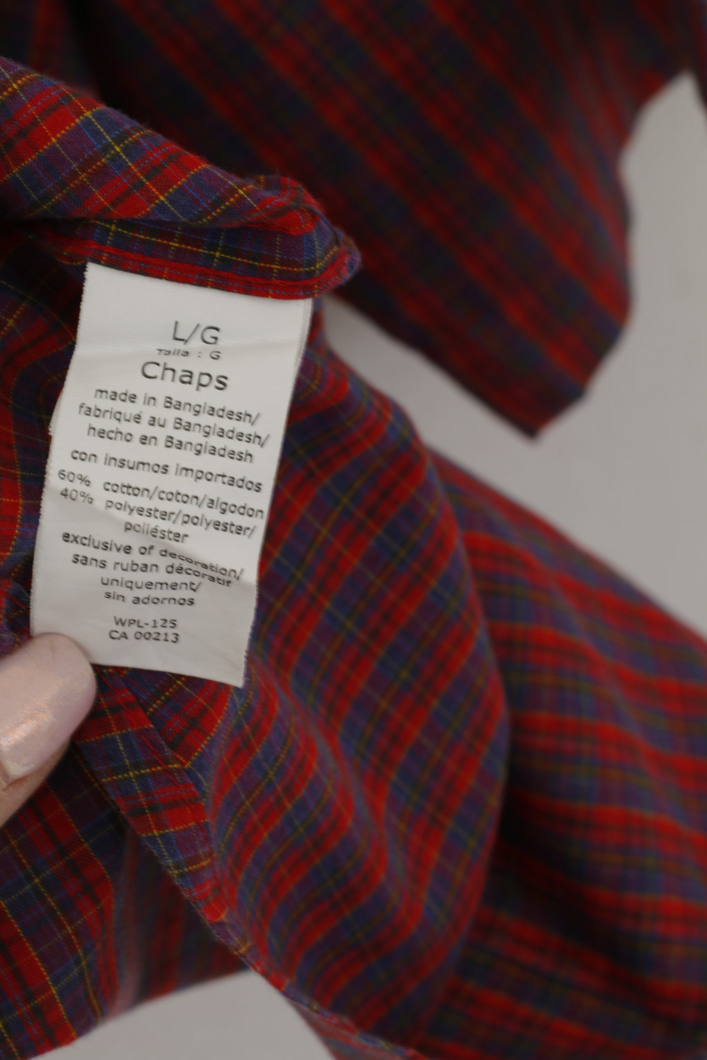 Chaps Men L Casual Shirt Red Cotton Check Button Down Collar  Easy Care Top