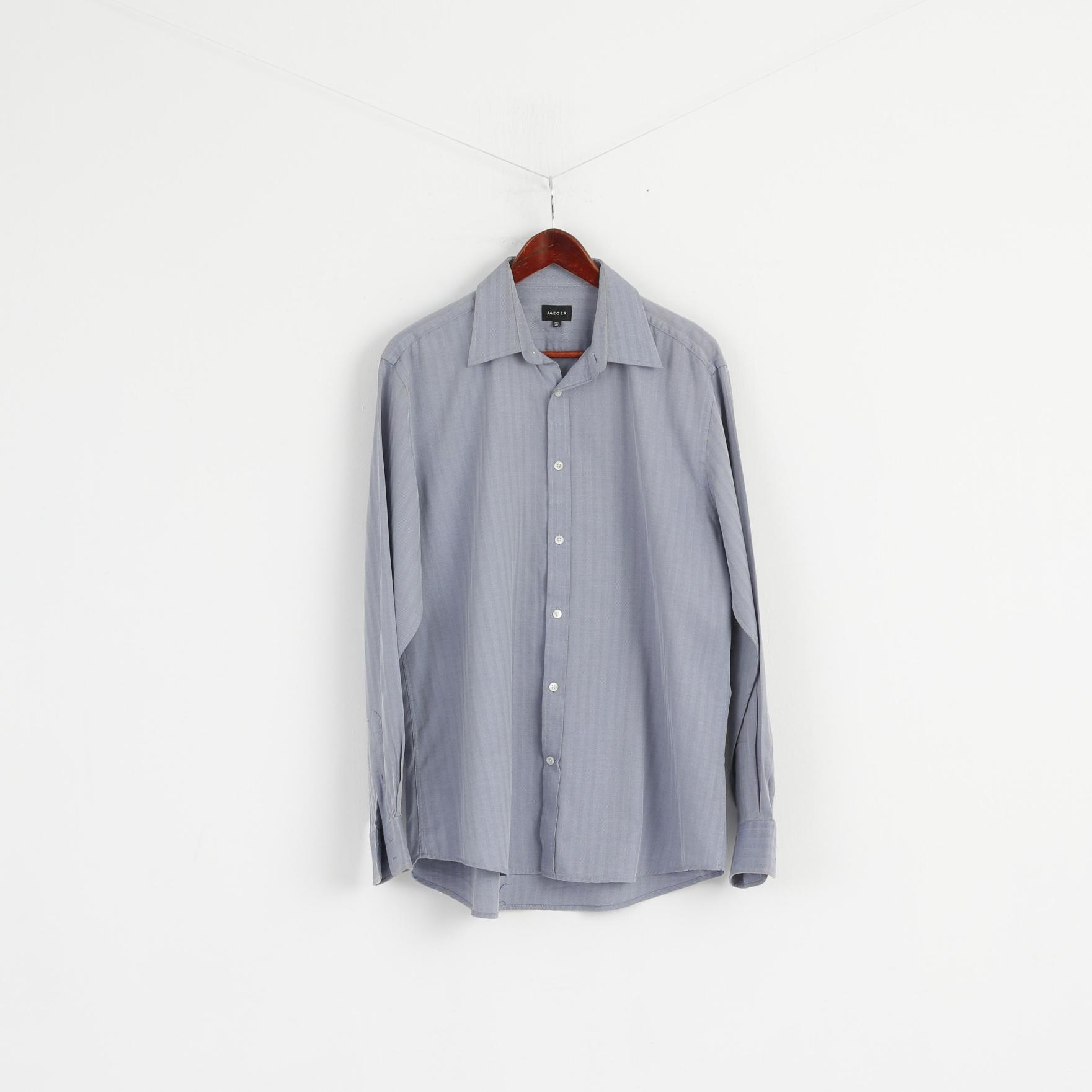 Jaeger Men 16 L Casual Shirt Blue Cotton Striped Long Sleeve Detailed Buttons Top