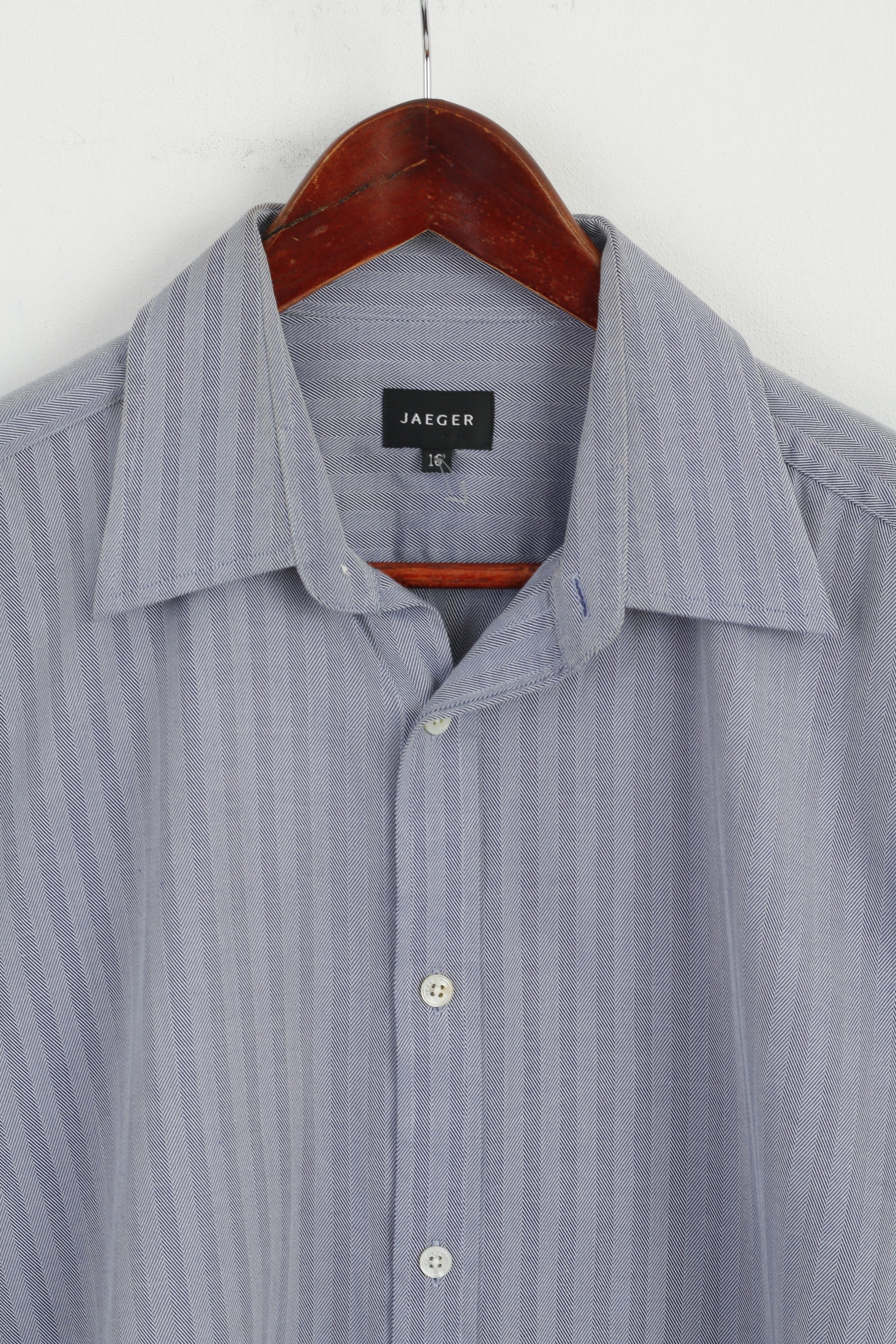Jaeger Men 16 L Casual Shirt Blue Cotton Striped Long Sleeve Detailed Buttons Top