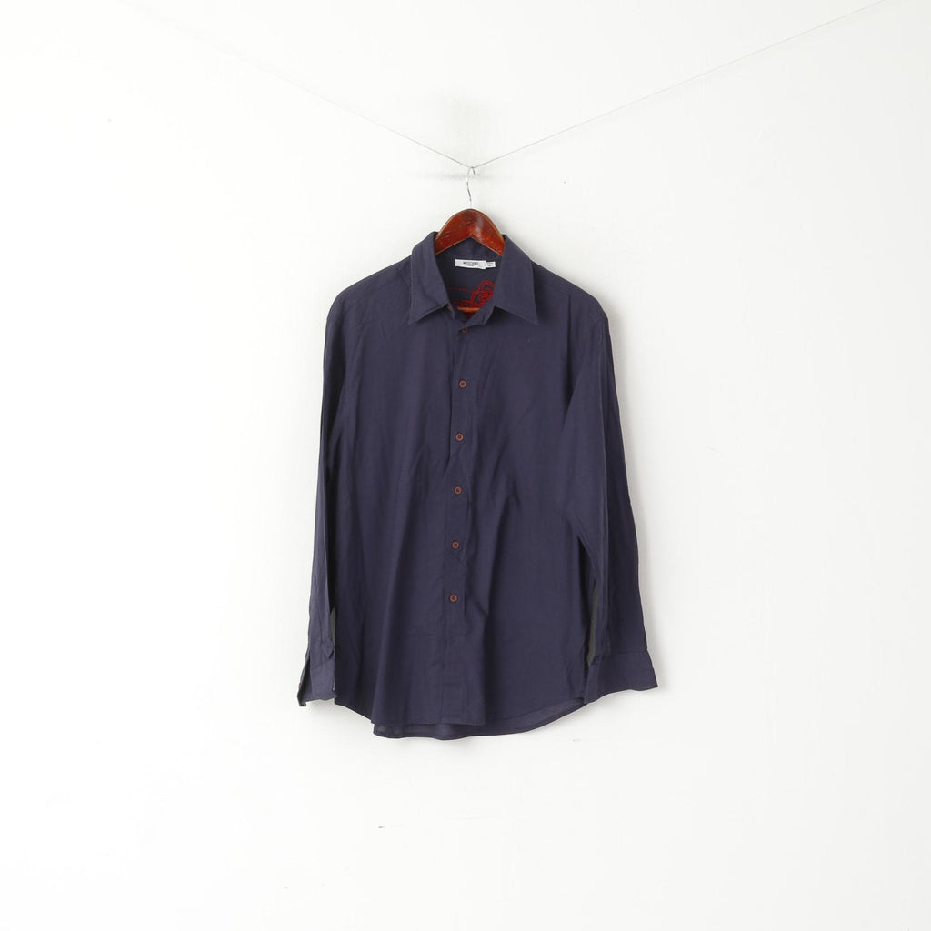 Moschino Jeans Men M Casual Shirt Navy Cotton Emroidered Back Long Sleeve Top