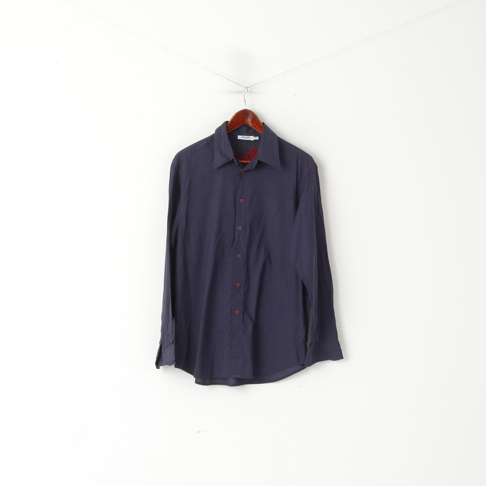 Moschino Jeans Men M Casual Shirt Navy Cotton Emroidered Back Long Sleeve Top