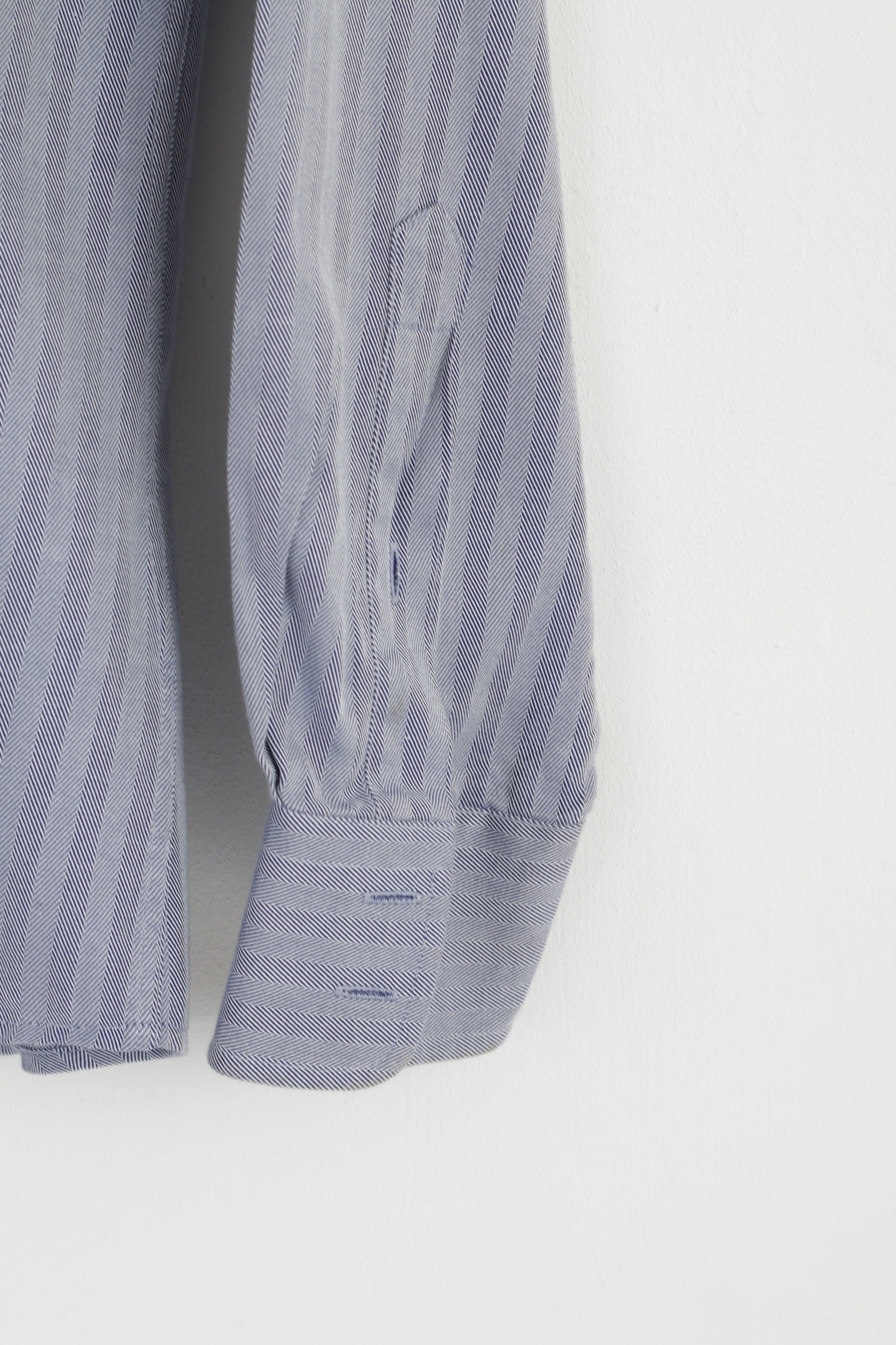 Jaeger Men 16 L Casual Shirt Blue Cotton Striped Long Sleeve Detailed Buttons Top